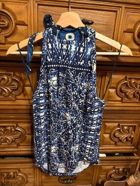 Navy Blue and White Printed Halter Tank Top